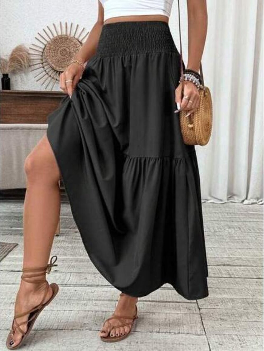 Women's Long Ditsy Floral Skirt, Casual Elastic Waist With Pockets, Ruffle Hem,